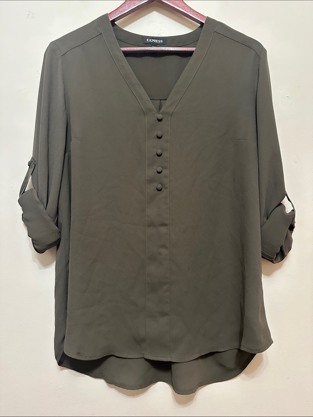 Express Olive V-Neck Button-Front Roll-Tab Blouse